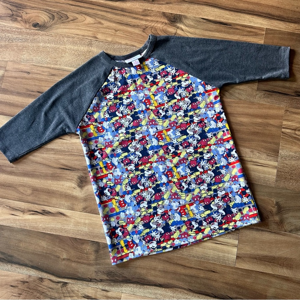 LuLaRoe Kids Raglan Tee in Mickey Mouse Multicolor with Charcoal Sleeves